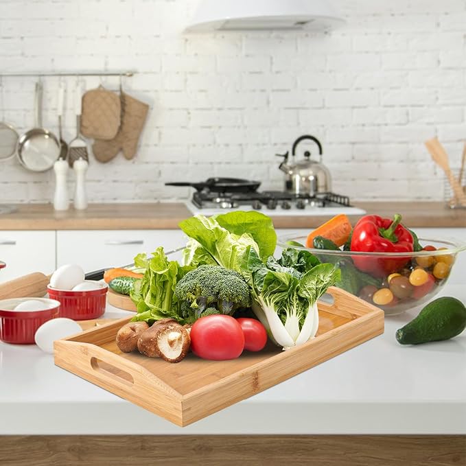 3 PCS Bamboo Serving Tray, Breakfast Bed Tray with Handle, 15 x 10 x 2 Inch Wood Serving Tray for Serving, Breakfast Bed Trays for Eating, Decor, Displaying Cake, Fruit