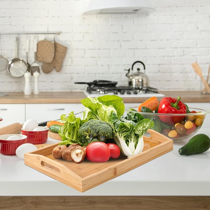 2 PCS Bamboo Serving Tray, Breakfast Bed Tray with Handle, 15.8 x 11.4 x 2 Inch Wood Serving Tray for Serving, Breakfast Bed Trays for Eating, Decor, Displaying Cake, Fruit