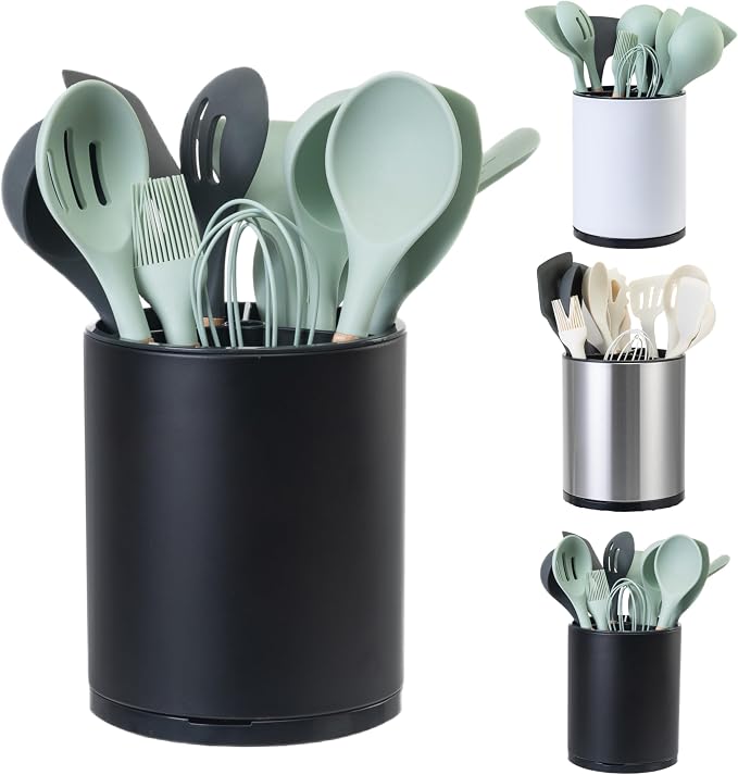 Utensil Holder,Large Cooking Utensil Holder Silverware Caddy Stainless Steel 360 Rotating Kitchen Storage 3 Compartment Flatware Spoon Spatula Holder(Black)