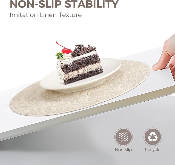 13" Round Placemats Set of 4, Reversible Faux Leather Heat Resistant Table Mats, 100% Waterproof Oilproof Wipeable Table Protective Placemats for Vinyl, Washable for Indoor & Outdoor Use (4, Beige)