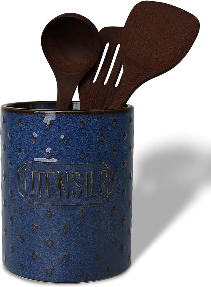 Ceramic Utensil Holder, 7" Utensil Crocks for Kitchen Counter, Cooking Utensil Organizer with Countertop Protection, Farmhouse Kitchen Decor (Vintage Blue, 7")
