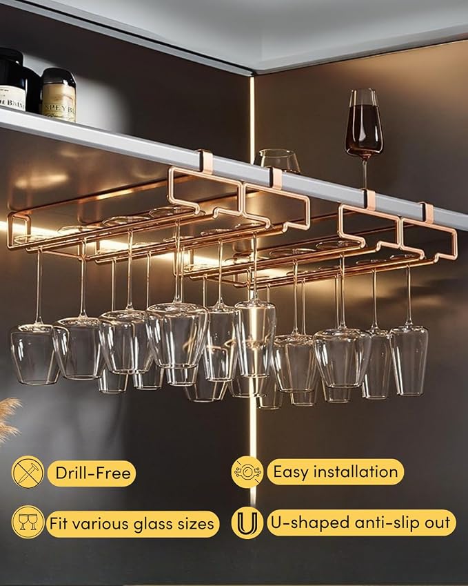 LINFIDITE 2 Pack Under Cabinet Wine Glass Rack Rose Gold Wine Glass Holder Stemware Rack Hanger Kitchen Hanging Storage Rack Organizer (For Partition Thickness under 0.98")