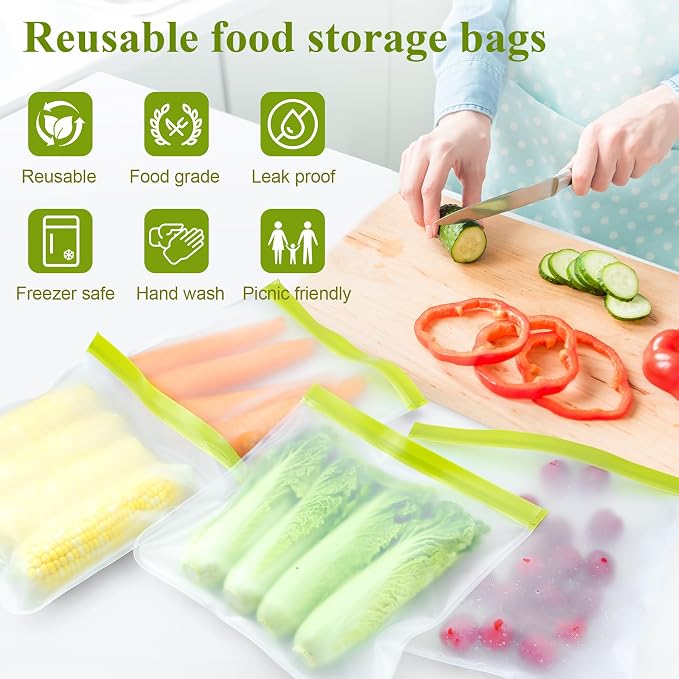 4 Pack Reusable Gallon Freezer Bags,Silicone Bags Reusable Storage Baggies,Food Storage Bags, Leakproof Food Storage Containers for Sandwich Snack Travel Picnic, Work, Home Use