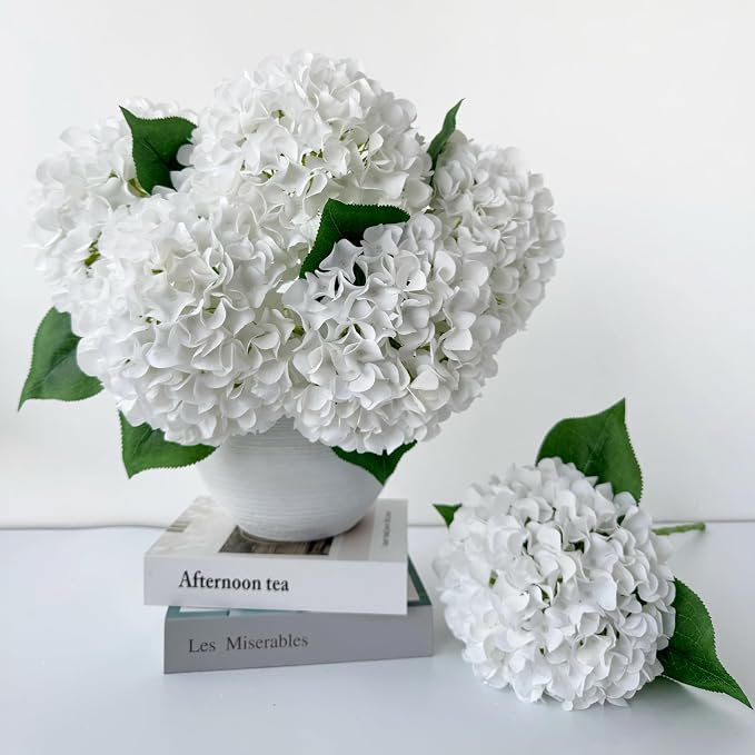 ZYTUYO 5 Pcs Pure White Silk Hydrangeas Artificial Flower Boho Dried Touch 20'' Faux Hydrangeas for Indoor Home Decor Kitchen Living Room Outdoor Porch Wedding Flower Arrangement