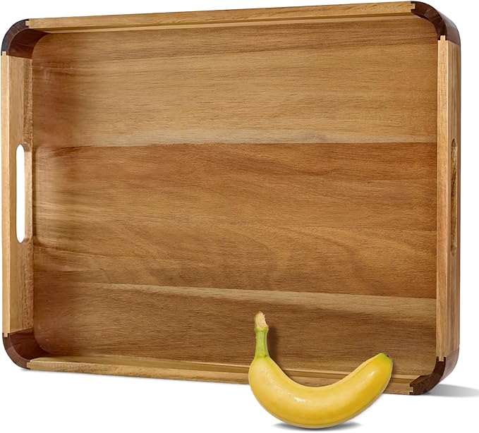 22" x 15.75" Acacia Wood Serving Tray with Handles & Rounded Corners | Large Rectangular Wooden Ottoman Tray for Living Room, Kitchen, Coffee Table, Food Serving