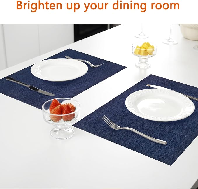 Placemats Set of 8 Washable&Wipeable Place mats for Dining Table Kitchen Indoor Outdoor Table Mats Heat Resistant Non Slip Woven Vinyl Table Placemats (Navy Blue，8PCS)