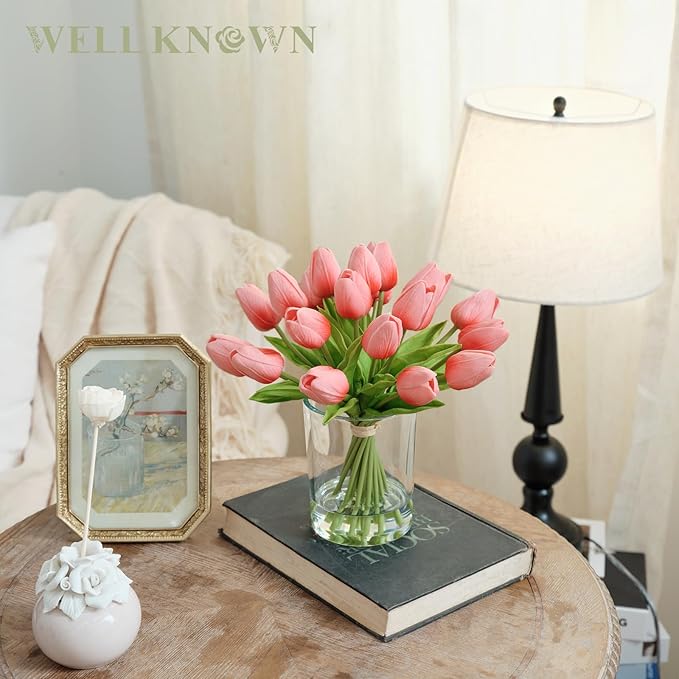 WELL KNOWN 20 Pcs Tulips Artificial Flowers in Vase, Real Touch Coral Pink Tulips with Glass Vase & Fake Water, Flower Arrangement Centerpiece for Dining Table Home Hotel Wedding Party Decor & Gift
