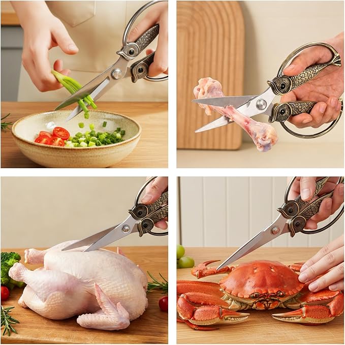 WARMHEART Owl Kitchen Scissors All Purpose, Stainless Steel Heavy Duty Sharp Shears for Meat, Chicken, Fish, Poultry, Herb, Bread (Bronze, Medium)