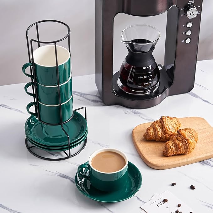 YOLIFE 8oz Porcelain Stackable Cappuccino Cups with Saucers and Metal Stand Set of 4, Coffee cups for Espresso, Specialty Coffee Drinks, Latte, Americano and Tea - Green