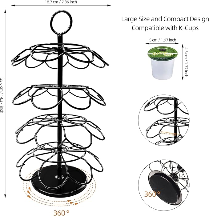 ROWISE K-Cup Pod Carousel Holder and Organizer for 36 Pods - Spins 360 Degrees, Detachable, Modern Metal Design in Black for Home and Office Counters
