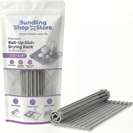 Premium Roll-Up Dish Drying Rack for Kitchen Sink - 17.5"x13" - Rust-Proof Solid Stainless Steel Core with Food-Grade Silicone Coating, Multipurpose Heavy-Duty Space-Saver, Dish Rack Over the Sink