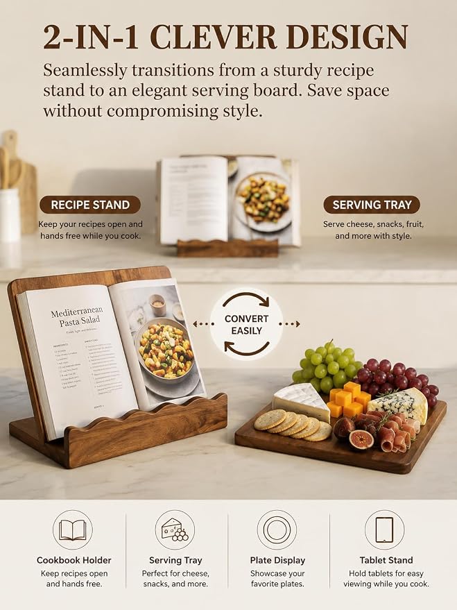 Acacia Wood Cookbook Stand for Kitchen Counter, Detachable Serving Tray | 2-in-1 Recipe Stand & Serving Tray, Holds 11.8" Cookbooks & 3" Thick Books/Tablets, Acacia Wood, Detachable for Easy Storage