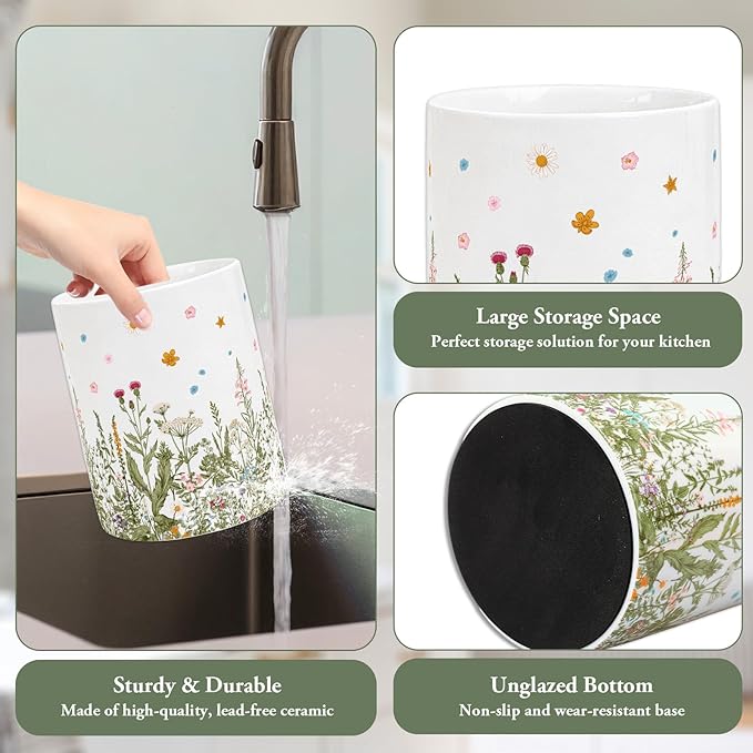 Whaline Wildflower Ceramic Utensil Holder Vintage Wild Floral Utensil Crock for Home Kitchen Countertop Storage Organizer Container