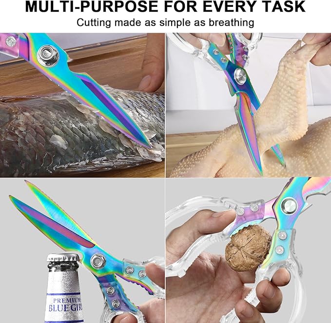 CGBE Kitchen Scissors, Multi-Purpose Kitchen Shears, Heavy Duty Food Scissors for Chicken, Poultry, Fish, Meat & Herbs with Non-Slip Grips (Transparent Colorful)