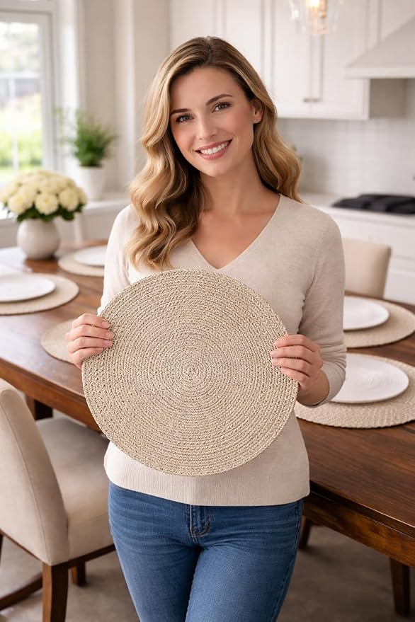 Round Placemats Set of 6 with Basket, 13" Cotton Woven Table Mats, Non-Slip Heat-Resistant, Washable Dining Chargers, Kitchen Hot Pads, Farmhouse Décor, Wedding & Holiday Use (Mix Brown)