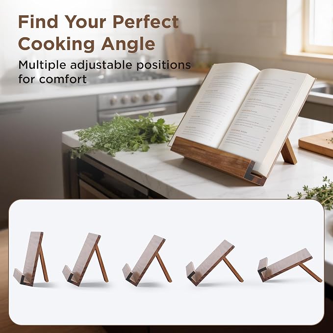 Acacia Wood Cookbook Stand – Adjustable Recipe Book Holder for Kitchen Counter, Sturdy Wooden Stand Fits Thick Cookbooks, iPads & Tablets