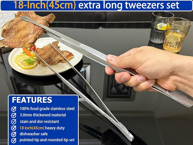 JETKONG 2 Pcs 18 Inch (45cm) Stainless Steel Grill Tongs Heavy Duty Giant Tweezer Tongs, Extra Large Tweezers Tools for Cooking, Grilling, BBQ and Turning Food (Silver)
