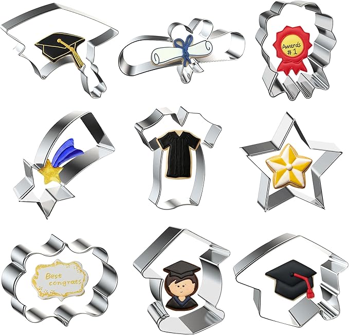 9Pcs Graduation Cookie Cutters Set, Stainless Steel Graduation Cap Diploma Bachelor Gown Cookie Cutters Shapes Biscuit Cutters Molds for Baking Homemade Treats Graduation Party Supplies