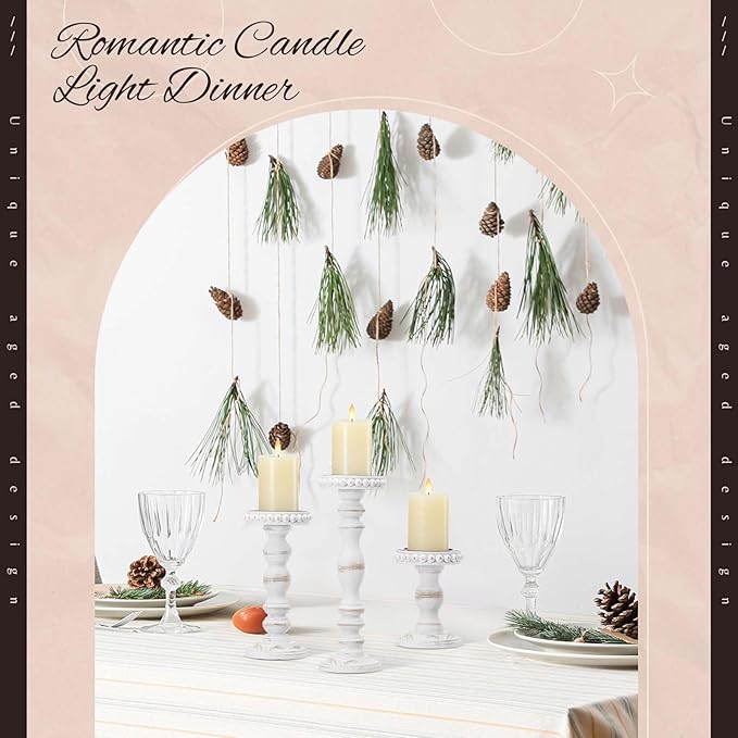 Mumufy 3 Pcs Candle Holders for Pillar Candles Rustic Farmhouse Home Decor Decorative Washed Beaded White Black Wood Candle Holder Country Style for Table Mantel Fireplace Wedding(White,Large)