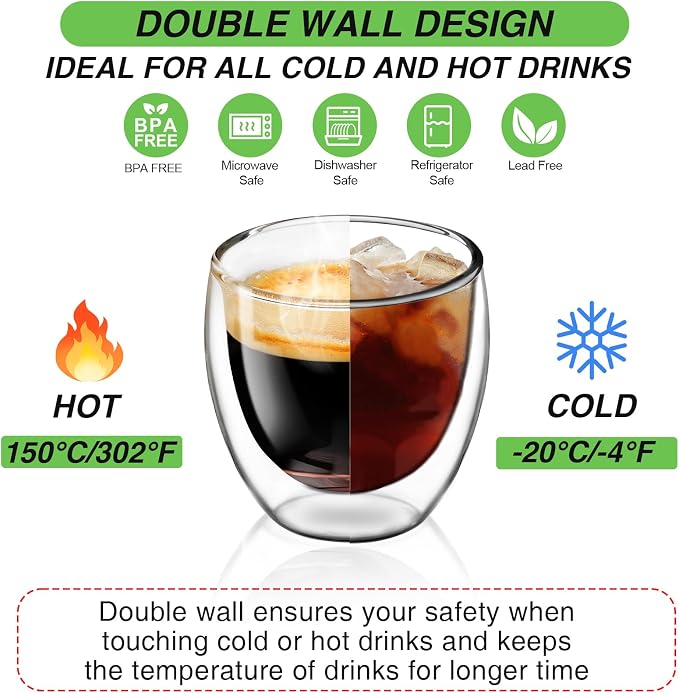 Espresso Cups Set of 4, 3 OZ Expresso Shots Glass Cup, Double Walled Glass Coffee Mugs, Espresso Machine Accessories,Insulated Clear Espresso Shot Glasses Cups,Water Won't Enter Between Double Walls
