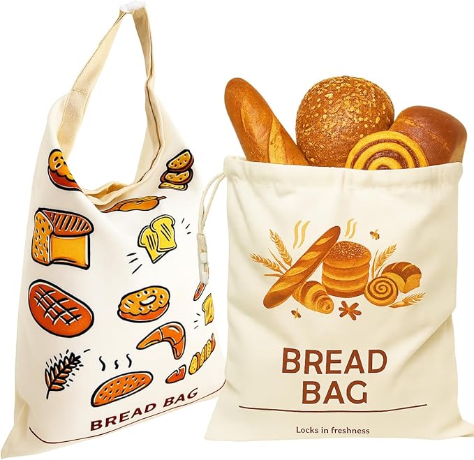Reusable Bread Bags with Waxed Cotton Lining & Waterproof TPU Options – Linen Exterior with Patterns,Eco-Friendly Food Storage Tote for Homemade Bread, Baguette, Pastries-Zip+Beeswax+Mode2-2Pack