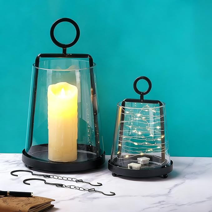 9" & 6" Wide Modern Farmhouse Metal Hurricane Candle Holder with Handmade Sturdy Glass Sleeve in Black for Pillar Candle & Plants, Glass Hurricane Lantern, Industrial, Minimalistic