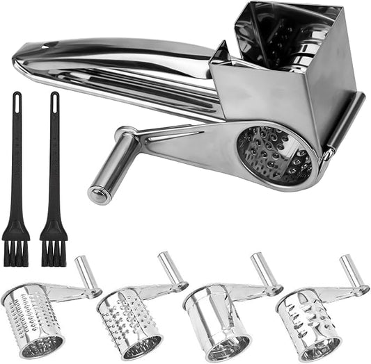 Stainless Steel Rotary Cheese Grater, Manual Hand Crank Shredder Slicer with 4 Drums, Handheld Kitchen Tool for Hard Cheese, Chocolate, Nuts