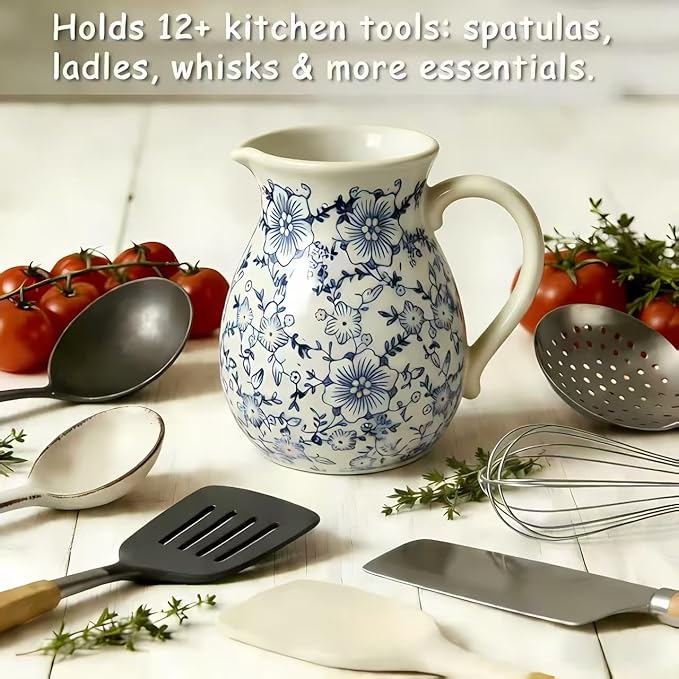 Farmhouse Ceramic Utensil Holder, 6.1" Modern Rustic Cooking Utensil Holder for Kitchen Counter Decor with Handle, Vintage Ceramic Utensil Organizer for Home Kitchen Countertop(Blue white)