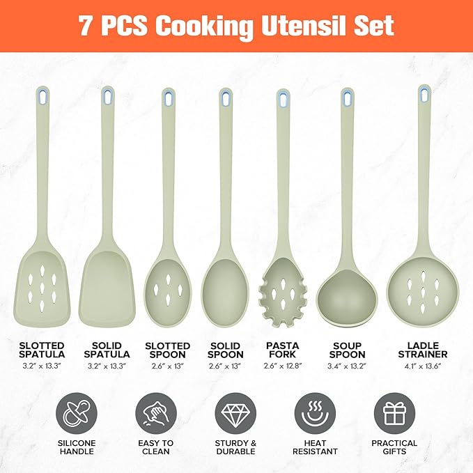 Large Silicone Utensils Set of 7 for Cooking,No Scratch for Nonstick Cookware,Pasta Server,Spaghetti Spoon,Slotted Spoon&Spatula,Solid Spoon&Spatula,Skimmer,Soup Ladle BPA Free Heat Resistant (Green)
