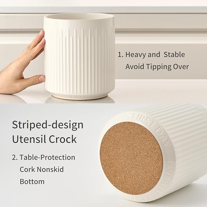 JIEMEI HOME Utensil Holder, 7.2" Large Ceramic Stable Utensil Crock for Kitchen Counter, Utensil Holder with Cork Mat, Removable Bamboo Divider for Easy, Kitchen Decor, White