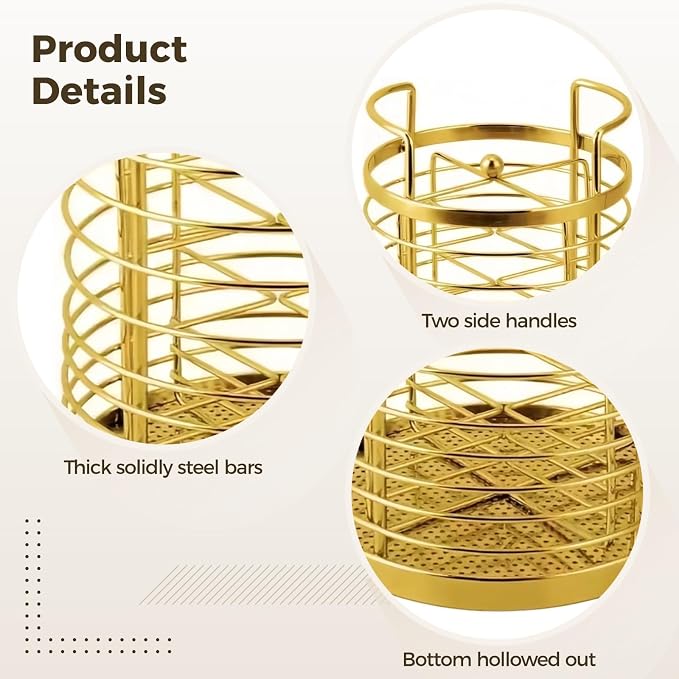 Rotating Kitchen Utensil Holder, Golden Stainless Steel Mesh Cutlery Drainer, Organizer with Dividers, Countertop Storage Basket