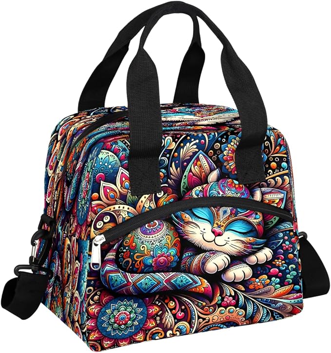Pardick Art Cat Flower Insulated Lunch Bag for Women Leakproof Lunch Box Large Cooler Thermal Tote Bag with Shoulder Strap Meal Prep Bags for Work School Office Picnic Teen Girls Adult