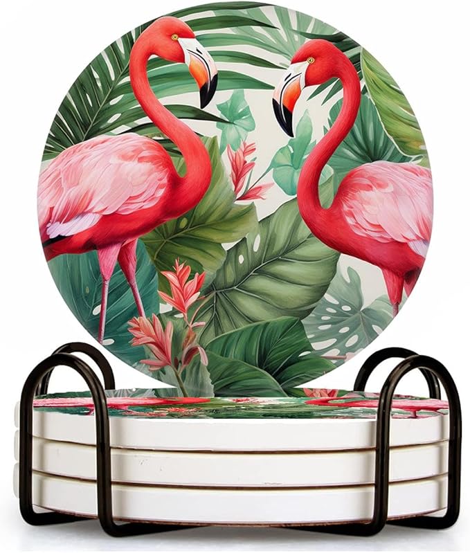 Tropical Flamingo Bird Palm Tree Leaves Watercolor Exquisite Set of 4 Ceramic Coasters with Holder,Absorbent Drink Bar Coasters,Table Coasters