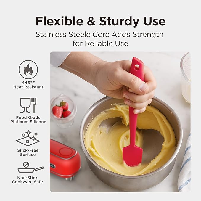 Kitchen Mama WaltzGrip Platinum Silicone Jar and Can Spatula Set: Heat-Resistant, Dishwasher Safe, Ergonomic Grip, Perfect for Mixing and Scraping, Nonstick Cookware (Red)