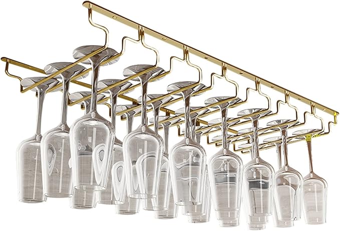 V3VOGUE Wine Glass Rack, Under Cabinet Stemware Wine Glass Holder, Glasses Storage Hanger, Hanging Stemware Display Rack, Perfect for Home, Storage Rack, Bar, Cellar, Cabine - Gold (Size : 7Row)