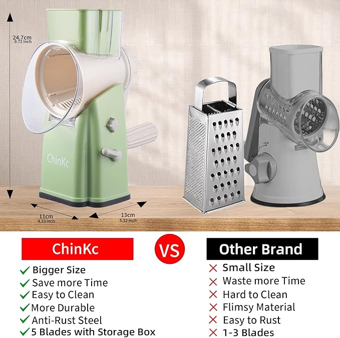 Upgrade Rotary Cheese Grater Shredder with Handle, Strong Suction Base, Multi-purpose Rotary Grater Slicer with 5 Interchangeable Blades for Ice, Vegetables, Fruit, Nuts with Blade Storage Box
