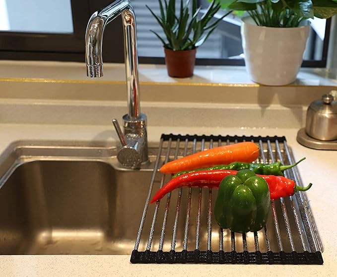 Roll up Dish Drying Rack Over The Sink Portable Stainless Still Rolling Rack Folding Mat for Kitchen Counter (Black, 17.7''LX11.8''W)