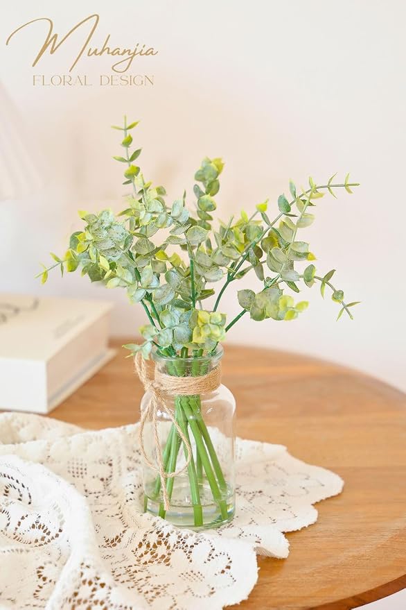 Muhanjia Artificial Eucalyptus Stems in Glass Vase with Faux Water,7Pcs Fake Plant for Centerpiece Bathroom Farmhouse Room Home Decor (Sage Green Eucalyptus)