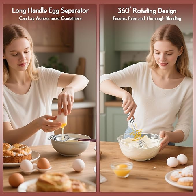 2 pcs Whisk Set with Yolk Separator,Stainless Steel Semi-Auto Egg Beater Whisk and Egg Separator,Hand Push Mixer Stirrer for Blending,Whisking,Beating & Stirring