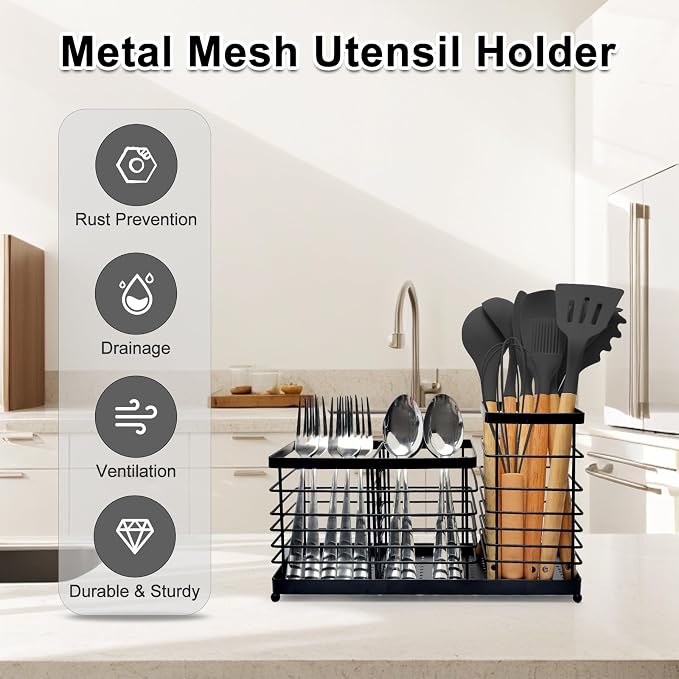 Kitchen Utensil Holder for Countertop, Thickened Stainless Steel Black Utensil Holder with Drainage Base, Large Capacity Kitchen Utensil Organizer with 1 Removable Divider (3 Compartment)