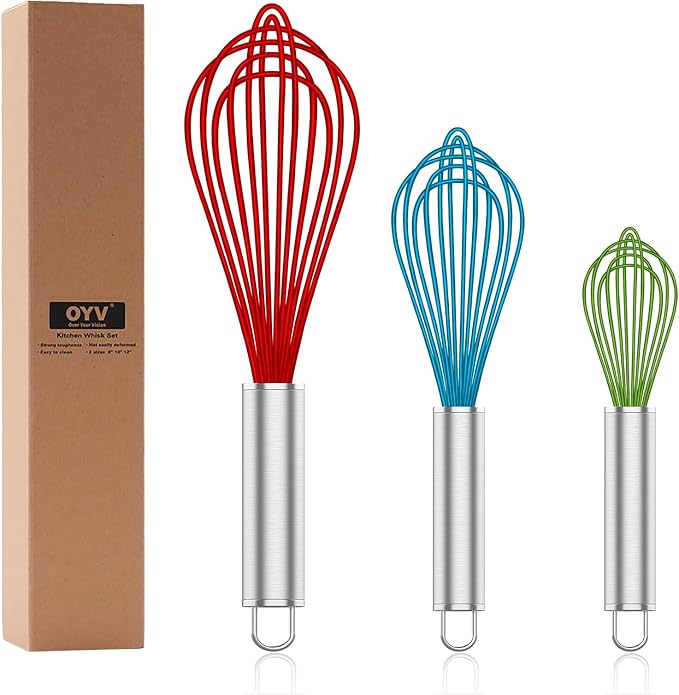 OYV Silicone Rubber Whisk,Premium Whisks For Cooking Non Scratch,Stainless Steel & Silicone Wisk For Nonstick Cookware Pans, High Heat Resistant kitchen Whisks set of 3,Red+Blue+Green