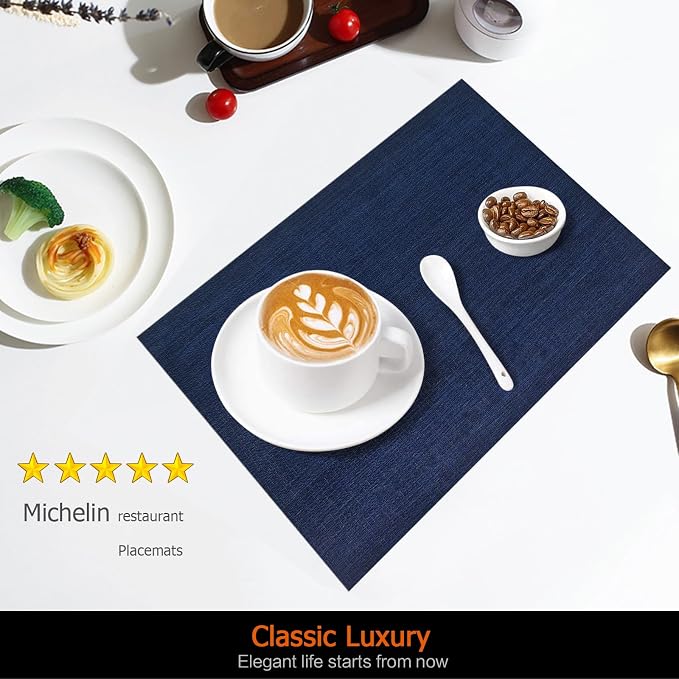 Placemats Set of 8 Washable&Wipeable Place mats for Dining Table Kitchen Indoor Outdoor Table Mats Heat Resistant Non Slip Woven Vinyl Table Placemats (Navy Blue，8PCS)