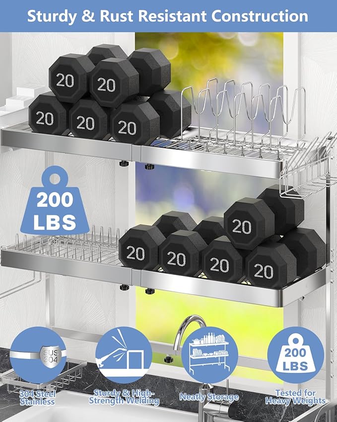 3 Tier Extra Large Over The Sink Dish Drying Rack, Expandable Stainless Steel Dish Drainer with Multifunctional Organizer, Space-Saving Above Sink Dish Rack with Large Capacity for Kitchen Counter