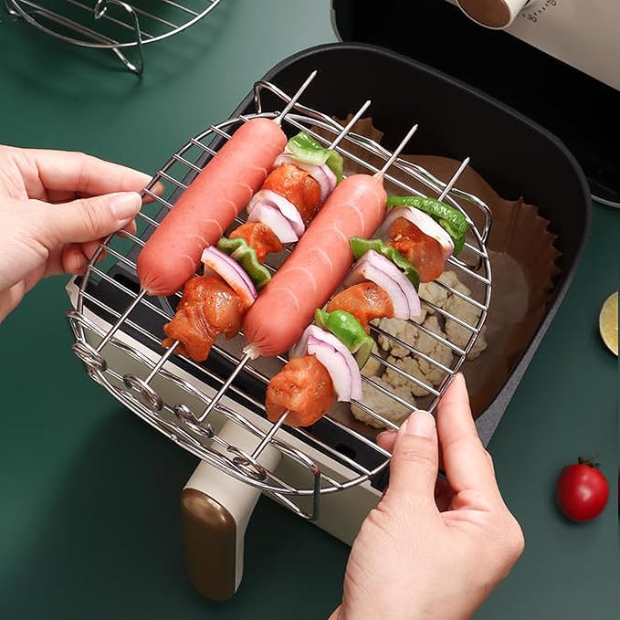 Air Fryer Baking Tray, Non-Stick Stainless Steel BBQ Rack, Double Layer Skewers Baking Tray, Round Air Fryer Rack, Cooling and Steaming Rack Basket for Baking, Grilling & Roasting