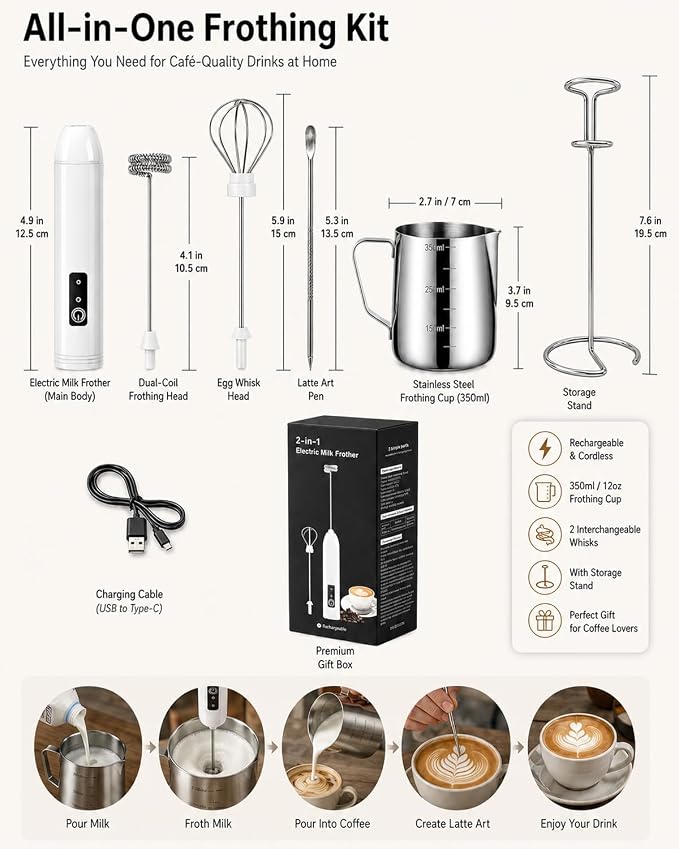 Electric Coffee Frother Handheld, USB Rechargeable Coffee Mixer Wand with Stand and 350ml Milk Frother Cup, Whisk Set for Latte Art, Cappuccino, Espresso