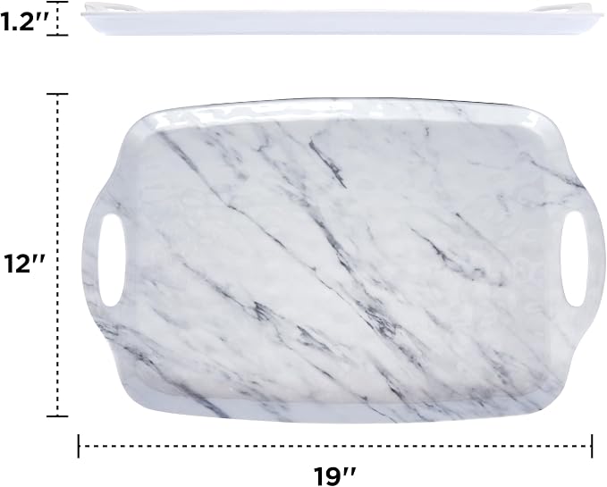 TP Large Serving Trays with Handles, 19" x 12" Melamine Serving Platters for Food, Turkey, Set of 2 Rectangular Trays for Party, White Marble