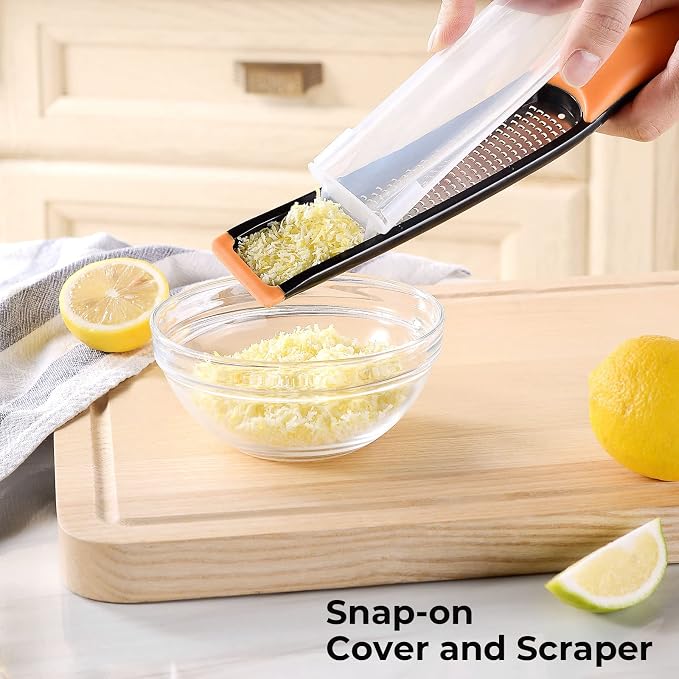 Cohesion Etched Zester & Grater Set of 2 - Kitchen Zester Tool for Lemon, Cheese, Garlic, Ginger, Nutmeg, Chocolate, Fruits, Vegetables - Sharp Premium Stainless Steel Blade with Protective Cover