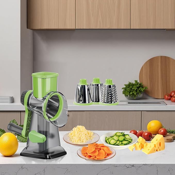 Cheese Grater with Handle,Multifunctional Rotary Cheese Grater,Kitchen Cheese Shredder Can Easily Chop Vegetables,Potatoes,Carrots,Etc.The Suction Cup is Stable and Easy to Clean (green)
