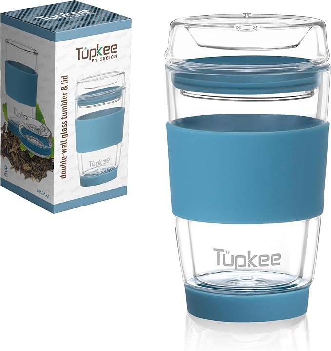Double Wall Glass Tumbler - 8-Ounce, All Glass Hand Blown Reusable Insulated Tea/Coffee Mug & Lid, Travel Mug - Niagara