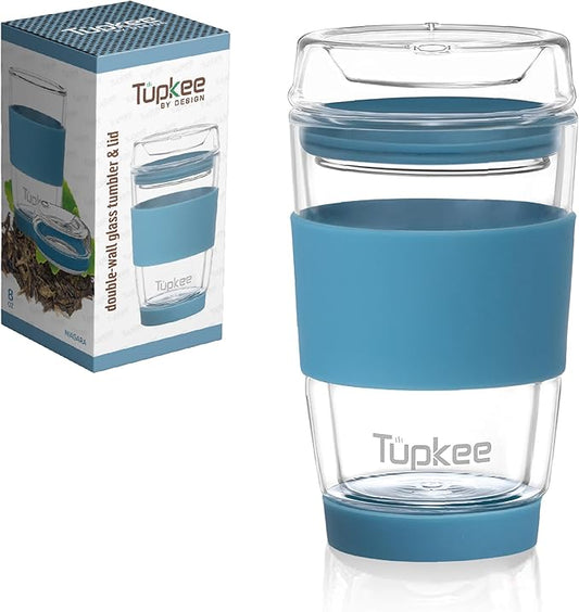 Double Wall Glass Tumbler - 8-Ounce, All Glass Hand Blown Reusable Insulated Tea/Coffee Mug & Lid, Travel Mug - Niagara